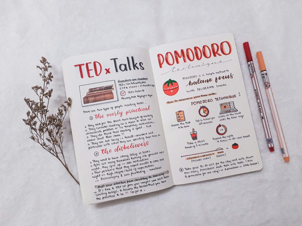 notebook with ted talks and pomodoro written on it
